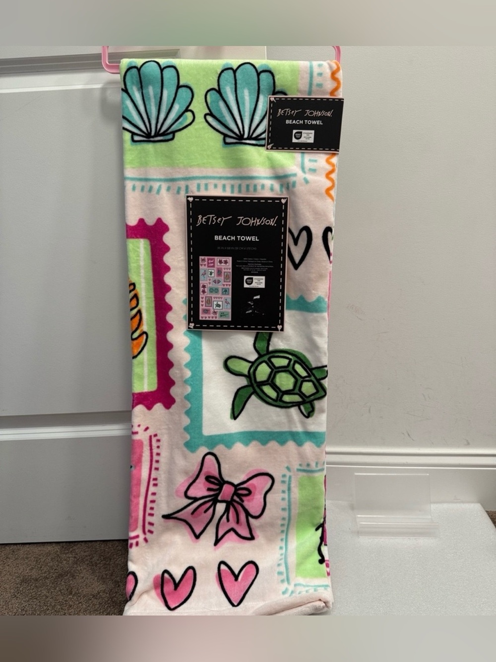 Betsey Johnson good vibes turtle flamingo beach towel 36" × 68" NWT